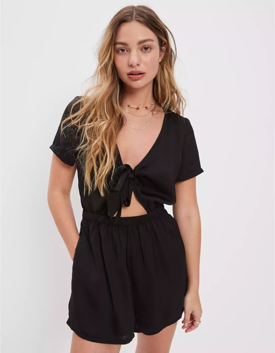 Robe Mi-longue American Eagle AE Tie-Front Romper Noir Femme | RUA-62392161